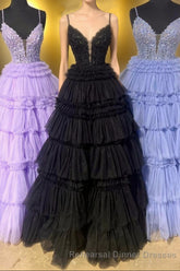 Lilac Floral Layers Spaghetti Straps Lonh Semi Formal Prom Dress